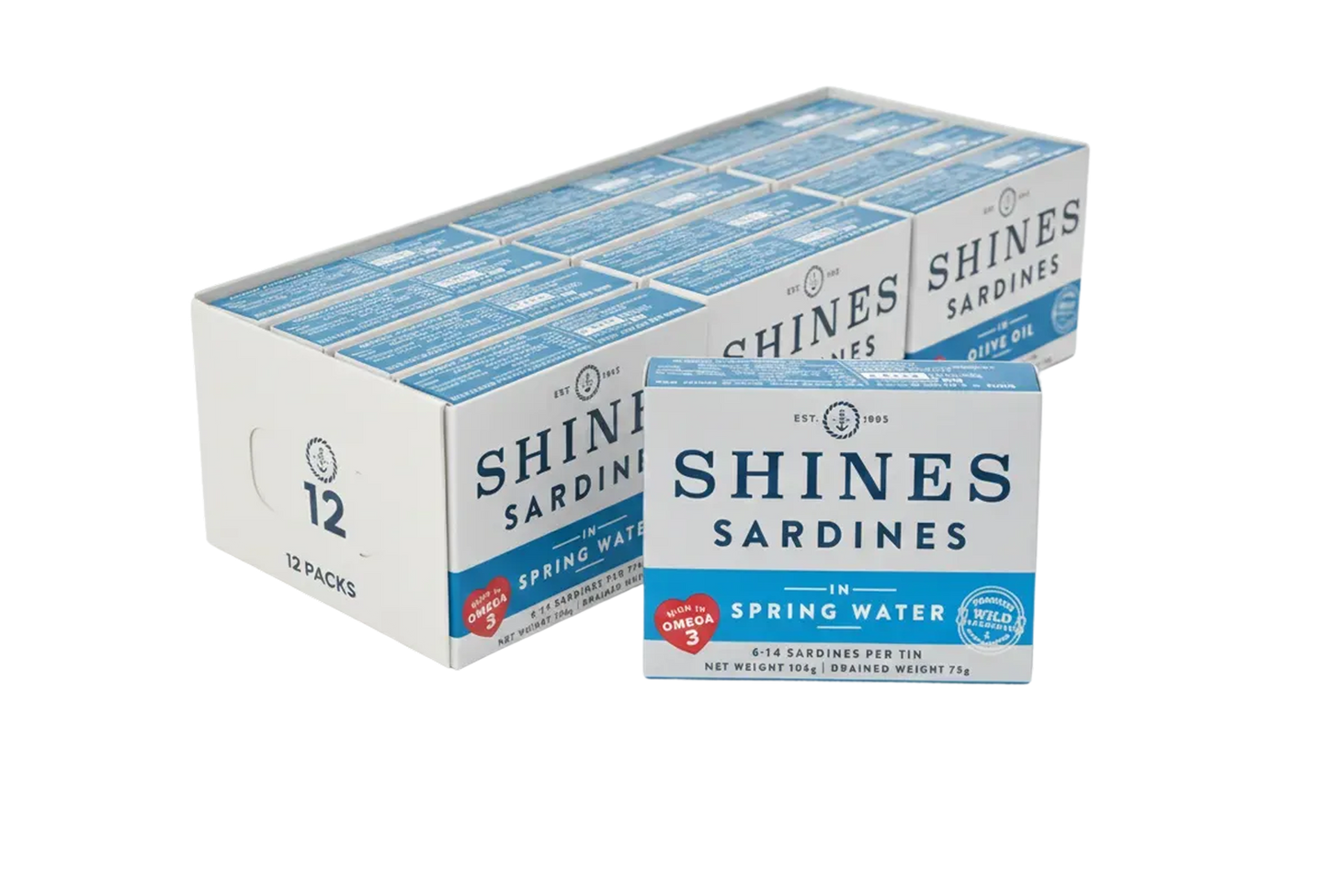 12 BOX Shines Sardines in Spring Water -106g