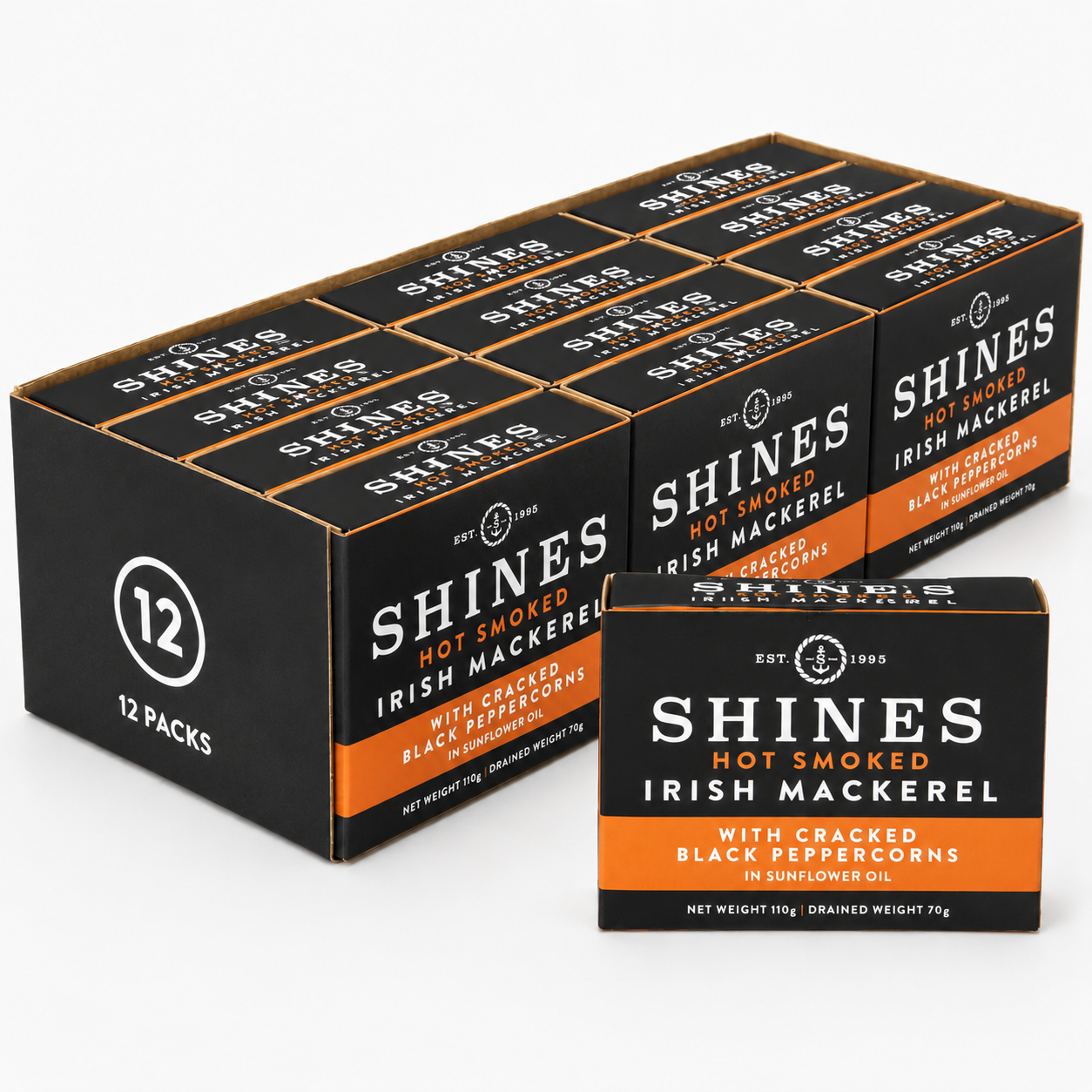 12 BOX Hot Smoked Mackerel Fillets with Peppercorns In Sunflower Oil 110g
