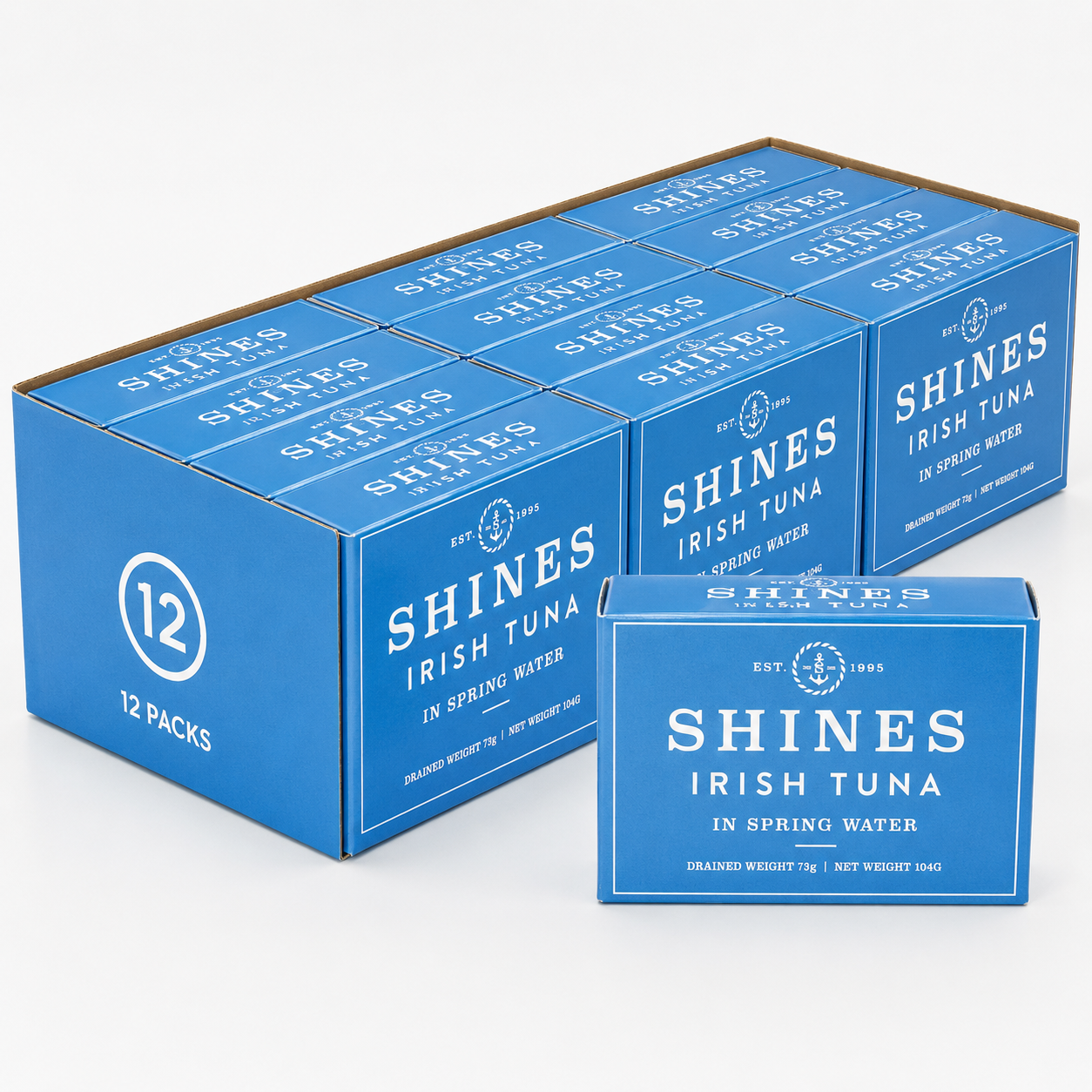 12 Box of Shines Wild Irish Tuna in Spring Water LOW SALT -104g