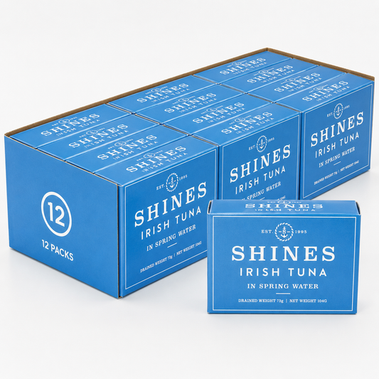 12 Box of Shines Wild Irish Tuna in Spring Water LOW SALT -104g