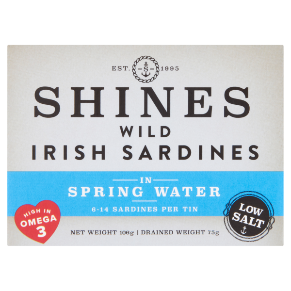 Shines Wild IRISH Sardines in Spring Water Low Salt 106g