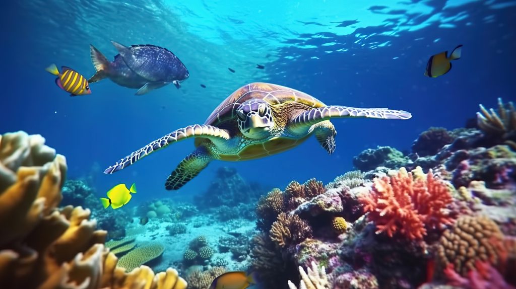 A sea turtle swims above colourful coral reefs surrounded by various tropical fish in clear blue water, showcasing a vibrant underwater scene.