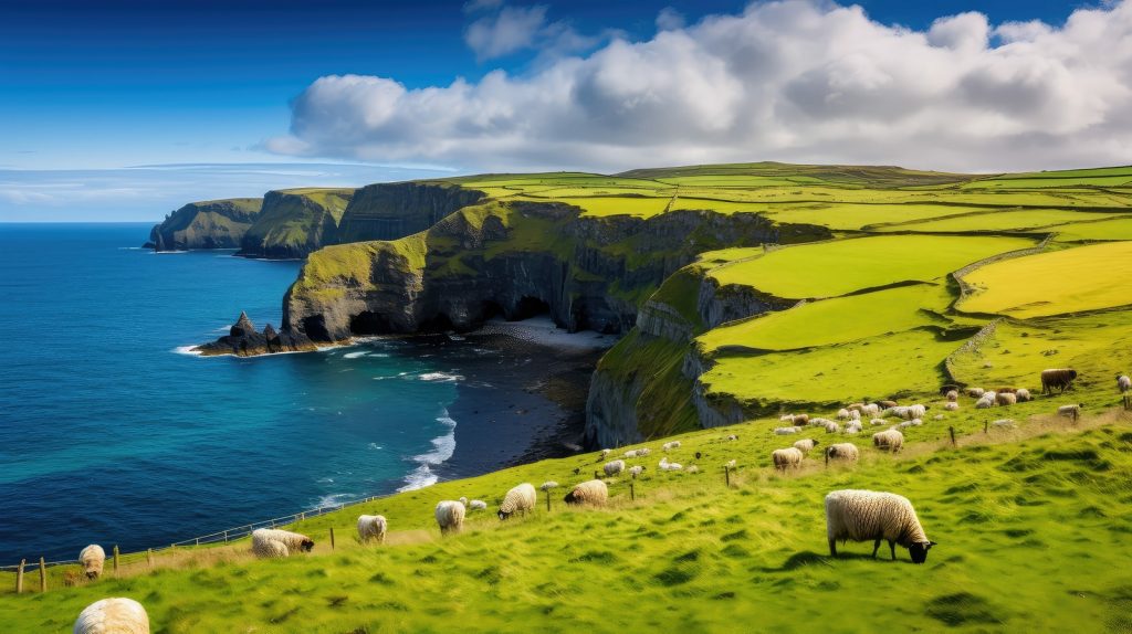 Sheep graze on a vibrant green hillside overlooking dramatic cliffs and a blue sea under a partly cloudy sky, with patchwork fields stretching along the coastline.