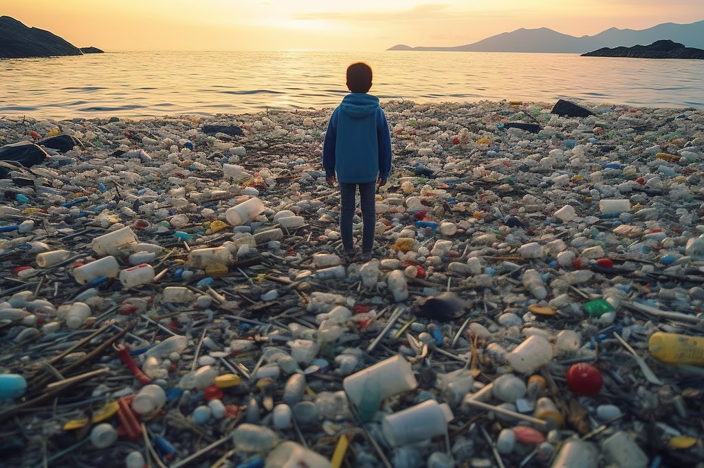 A child in a blue hoodie stands on a beach covered with plastic rubbish and debris, facing a calm sea at sunset with mountains in the distance.