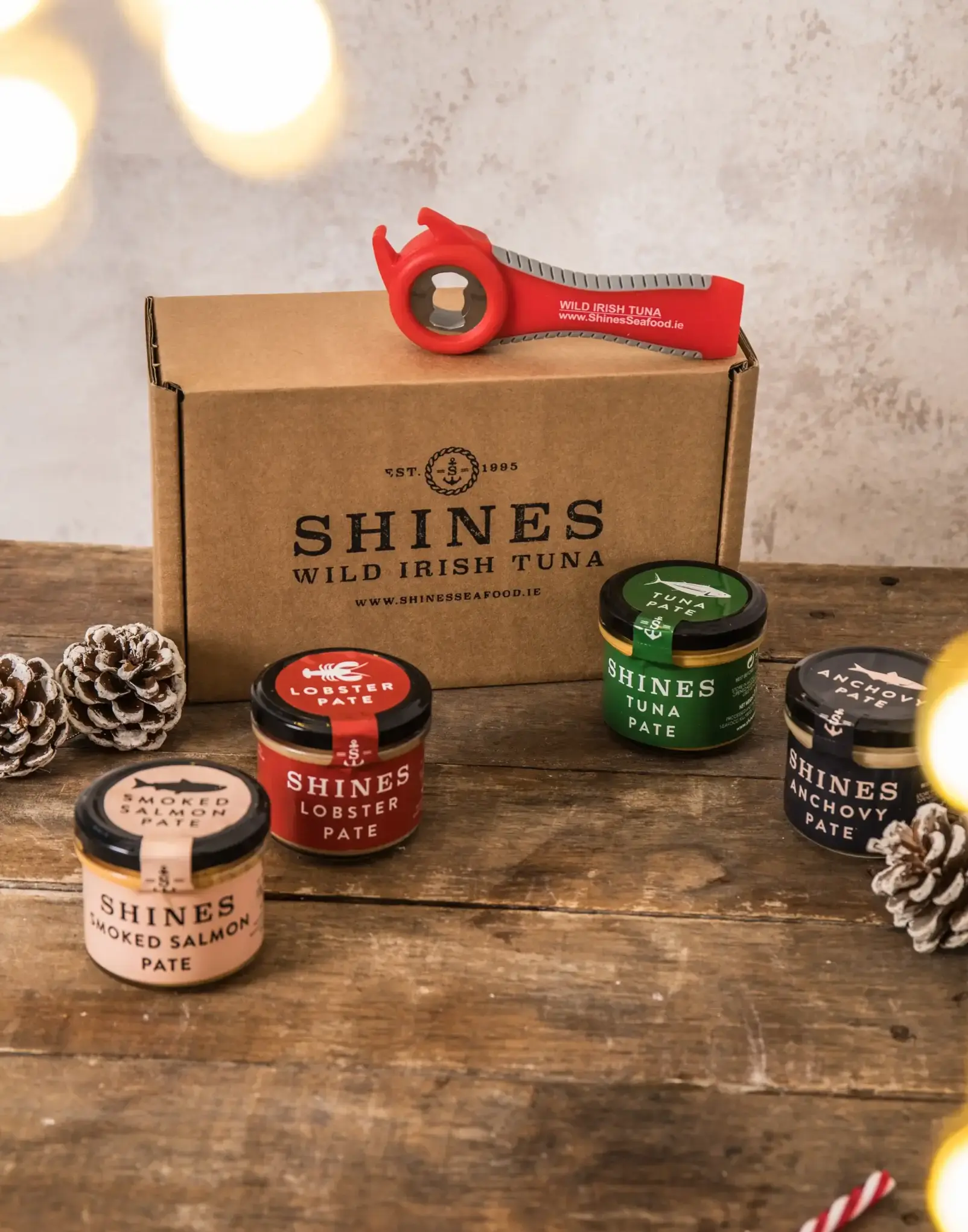 The Shines Pâté GIFT BOX (4 x 100g jars) is displayed on a wooden table with a red tin opener, pine cones, festive lights, and its signature Shines Wild Irish Tuna cardboard box.