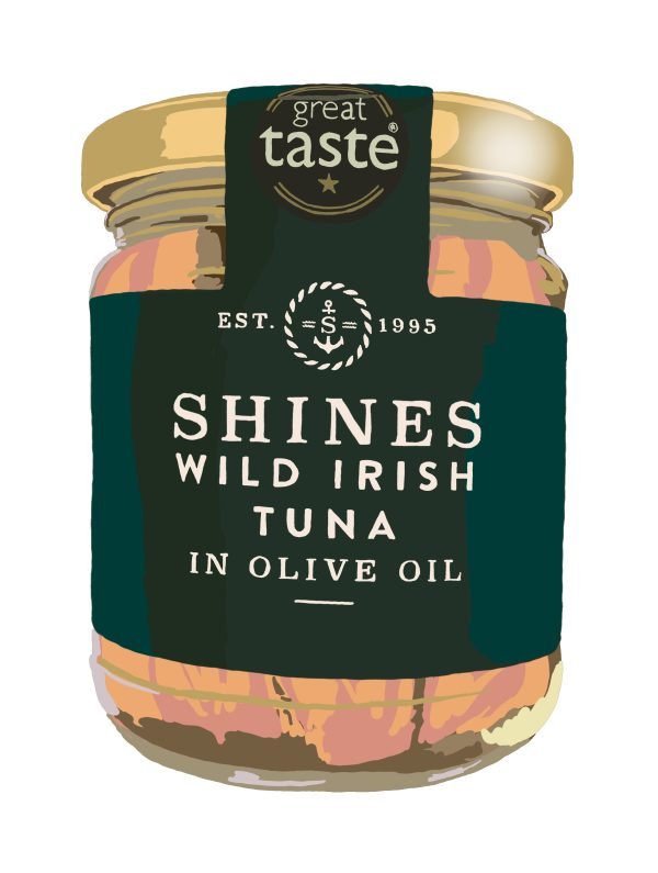 A Shines Tuna Jar Fridge Magnet designed to resemble a glass jar of Wild Irish Tuna in olive oil, featuring a gold lid, dark green label with bold white "EST. 1995" text, and a "Great Taste" award badge on top.