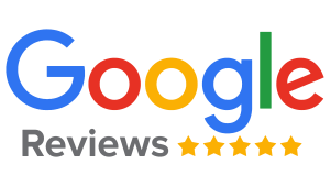 Google Reviews logo with the word "Google" in multicoloured letters, the word "Reviews" in grey, and five gold stars underneath, representing a five-star rating.