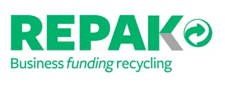 Logo of Repak, featuring the word "REPAK" in green bold letters and a recycling symbol inside the letter "K." Below, the slogan reads: "Business funding recycling.