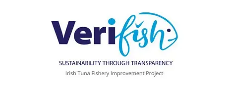 Verifish logo with "SUSTAINABILITY THROUGH TRANSPARENCY" and "Irish Tuna Fishery Improvement Project" below. The word "fish" is stylised to look like a fish outline.