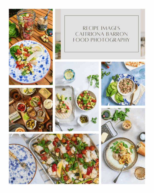 A collage of vibrant food photos—fresh salads, grilled chicken, seafood, and garnishes—with the title "Ciara's Catch Cook Book" displayed in the top right-hand corner.