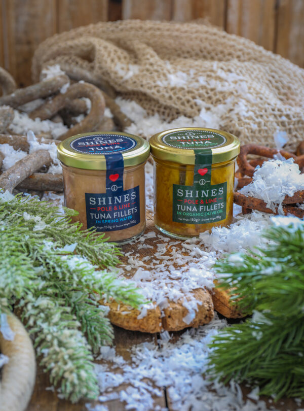 Two jars of Shines Skipjack Tuna - Line and Pole - ORGANIC extra virgin olive oil sit on a wooden surface with artificial snow, pine branches, rope, and netting, creating a rustic winter display.