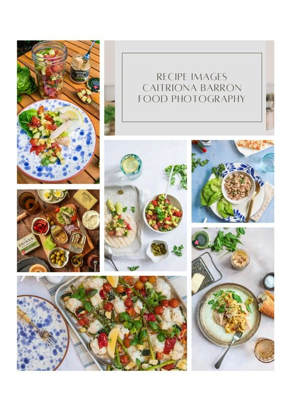 A collage of vibrant food photography featuring fresh salads, grilled fish, dips, and colourful vegetables on various plates and trays, with a title reading “Recipe Images Caitriona Barron Food Photography”.