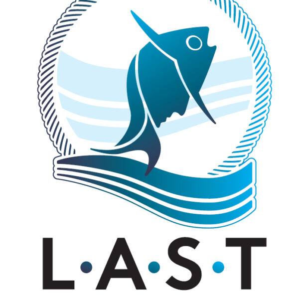 Logo for "L.A.S.T. Lost At Sea Tragedies" featuring a stylised fish with a human face profile, surrounded by wavy blue lines and a circular rope border.