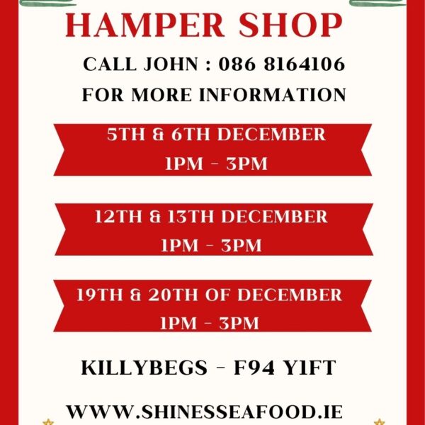 Festive poster for a Christmas Hamper Shop with red and green tree decorations, dates and times in December, a contact telephone number, a website, address, and mention of hampers, gifts, and nationwide delivery.